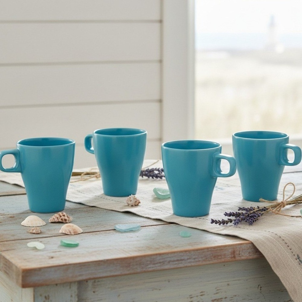 IKEA FARGRIK Teal Blue 8oz Coffee Mug Stackable Coffee Tea Cup Ceramic Set of 4